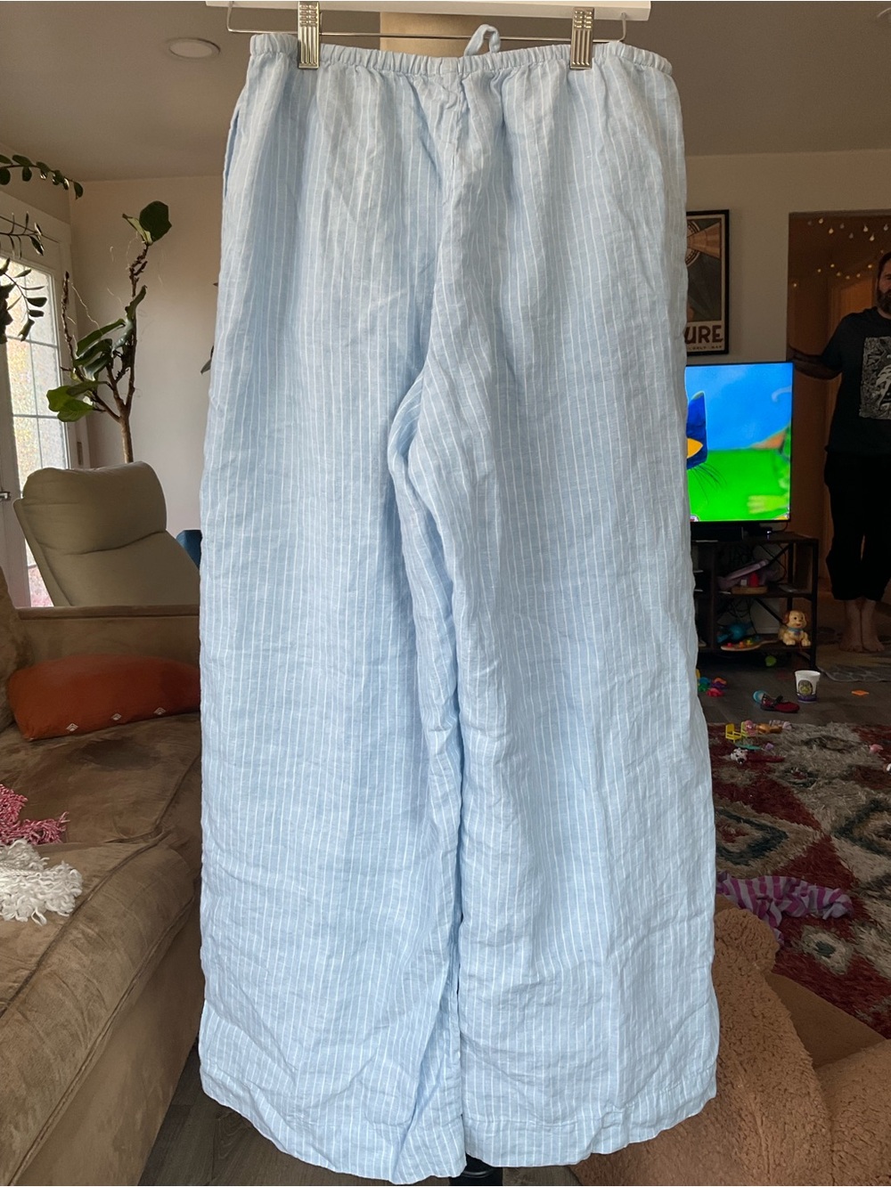 🏖️Everlane 100% European Flax Linen Wide-Leg Drawstring Pants Blue Pinstripe - Picture 2 of 8